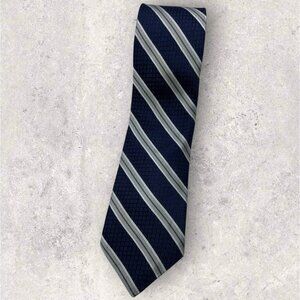 IKE BEHAR Silk Tie USA XL Navy Gray Striped W:3.6" EUC